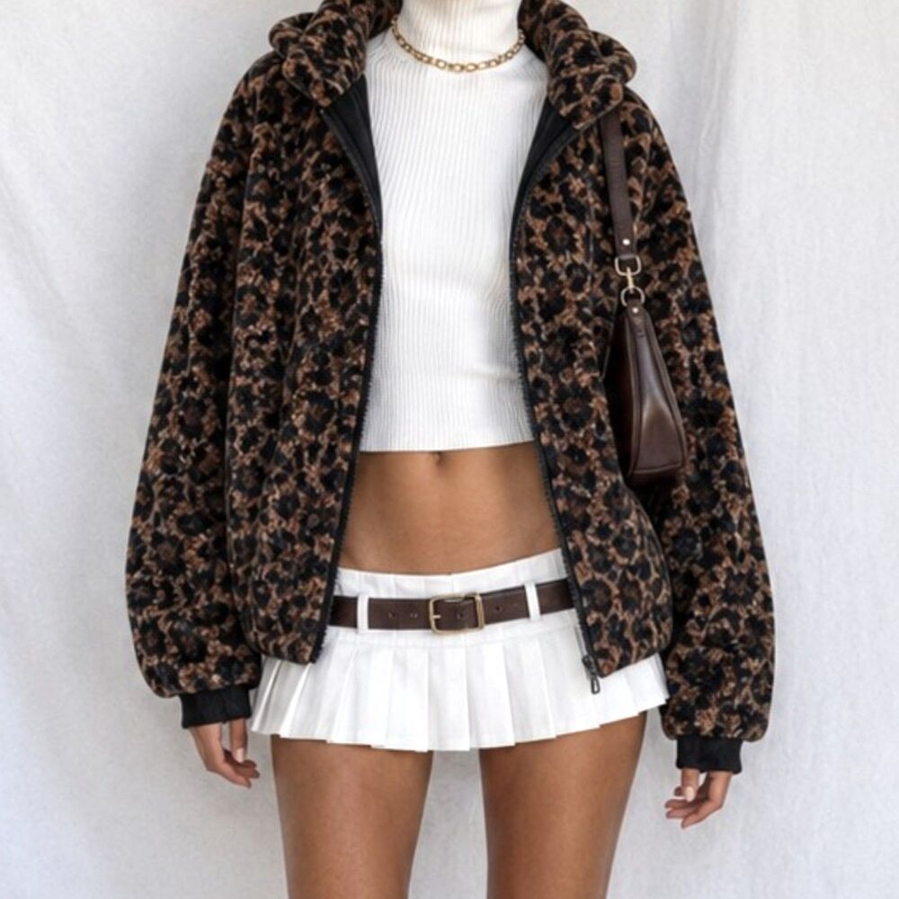 Vintage Brown Black Oversized Leopard Print Bomber Style Hooded Jacket Size S